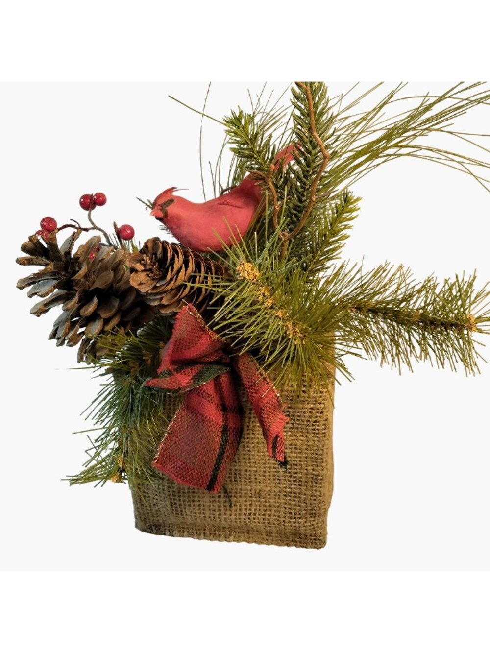 Rustic Burlap Christmas Evergreen Centerpiece Cardinal Pinecones Winter Decor